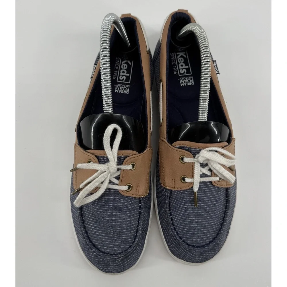 Keds Coastal Preppy Boat Shoes Navy Stripe Tan Trim Lace Up Comfort Size 8 Foam